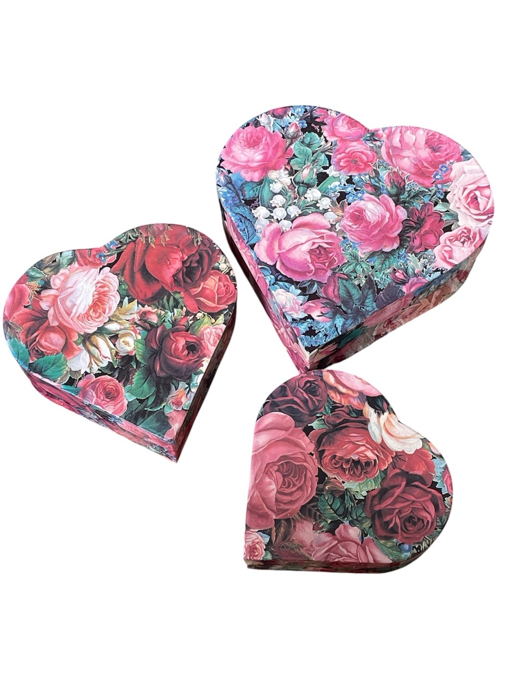 Vintage Set of 3 Pink Rose Heart Shaped Nesting Boxes